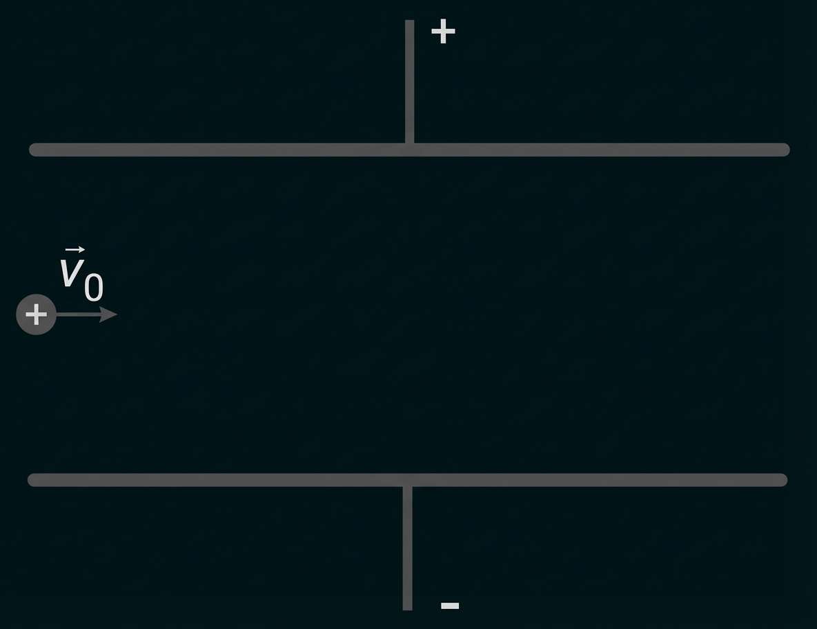 Zwei parallele Platten (+ oben, − unten), links eine positiv geladene Kugel mit Anfangsgeschwindigkeit v0 nach rechts.